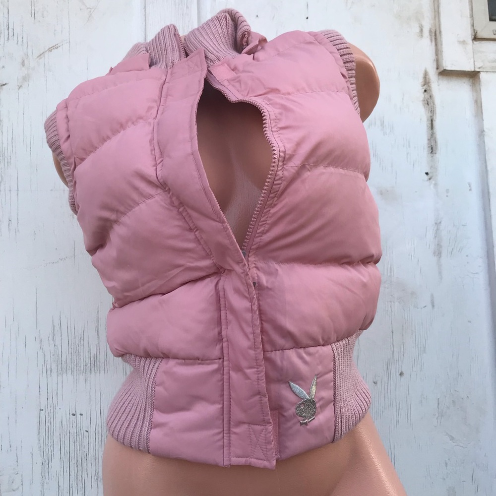 Pink playboy snow bunny puffer vest mauve jacket hoodie coat sexy vintage y2k